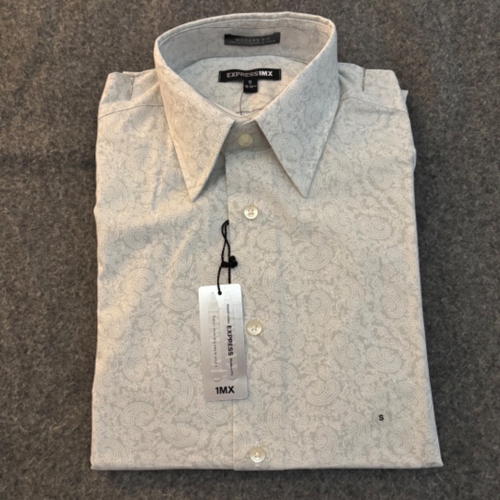 EXPRESS 1MX Modern Fit White Paisley L/S Button-Up Shirt - Picture 12 of 12